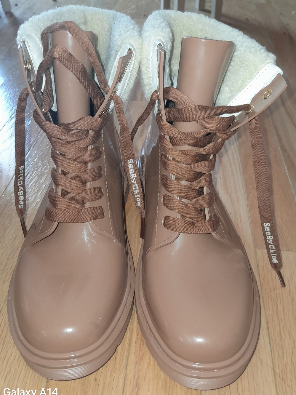 See By Chloe Taupe Lace-Up Shearling-Trim Ankle Boots